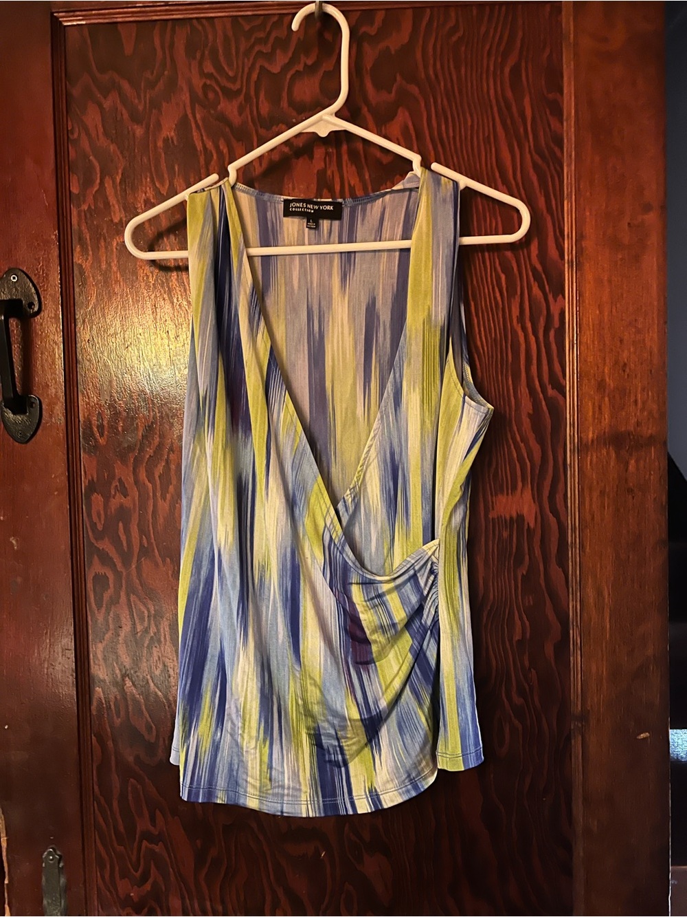 Jones New York Blue & Lime Abstract Wrap-Front Sleeveless Top